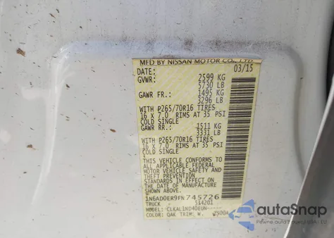 2015 Nissan Frontier S z USA, uszkodzony, nr VIN 1N6AD0ER9FN745726